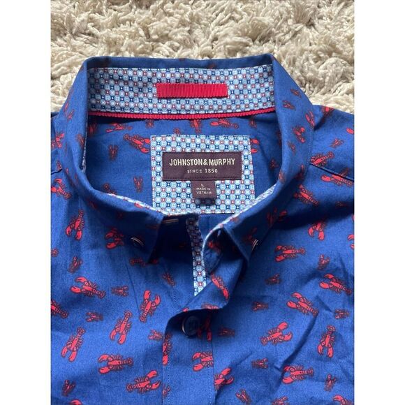 Johnston Murphy Shirt Mens Large Blue Lobster Print Short Sleeve Casual - Picture 8 of 8